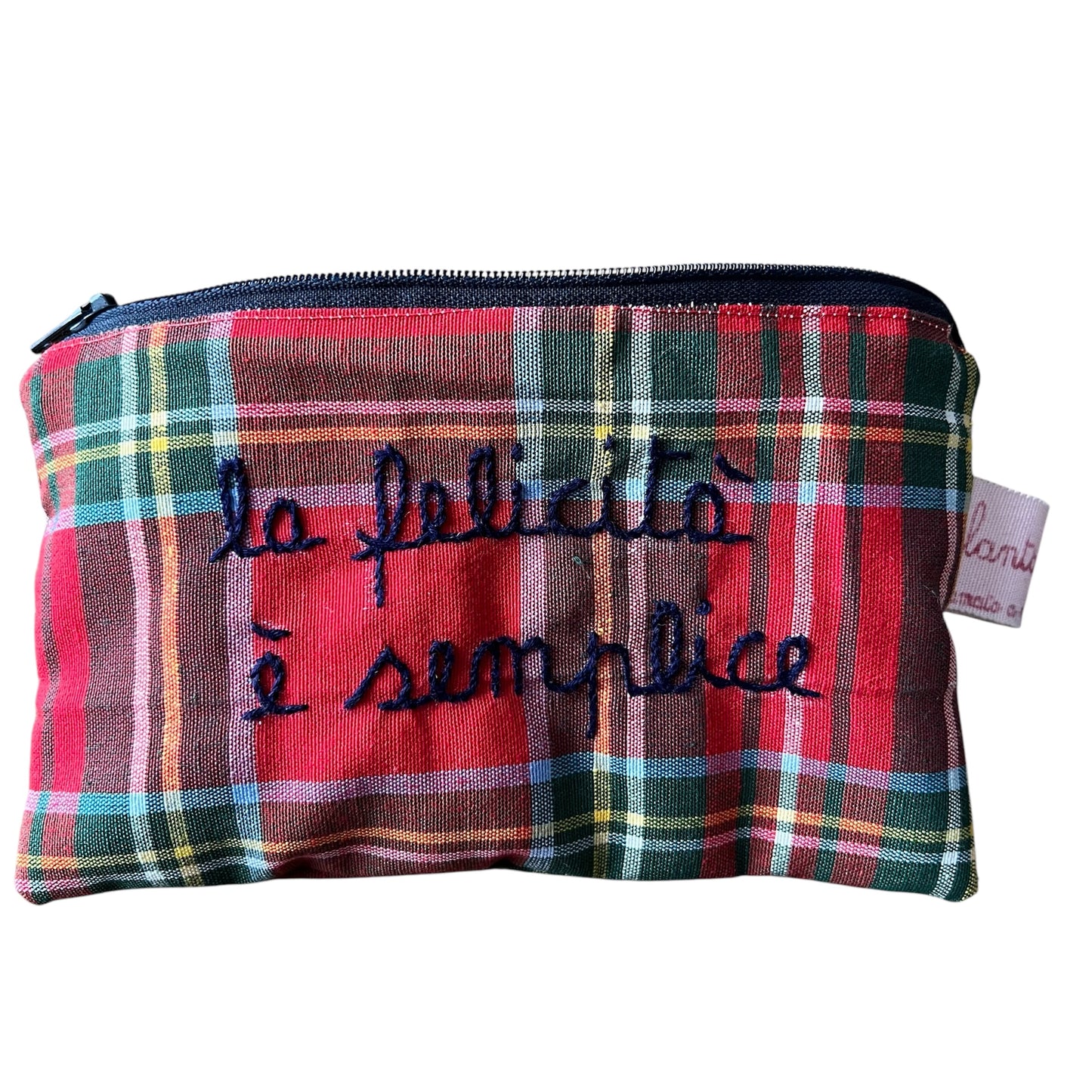 Bustina in tela tartan rossa “ la felicità e’ semplice” ricamata a mano