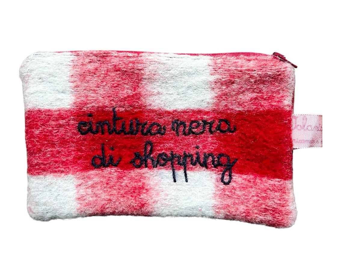 bustina in lana plaid rosso "cintura nera di shopping" ricamata a mano