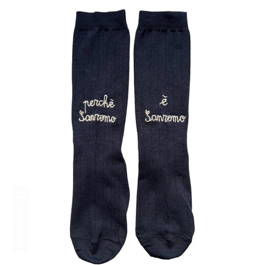 calzini blu navy “ perché Sanremo e’ Sanremo” ricamati a mano