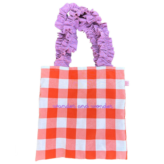 shopping bag maxi quadri arancio “wander and wonder” ricamata a mano