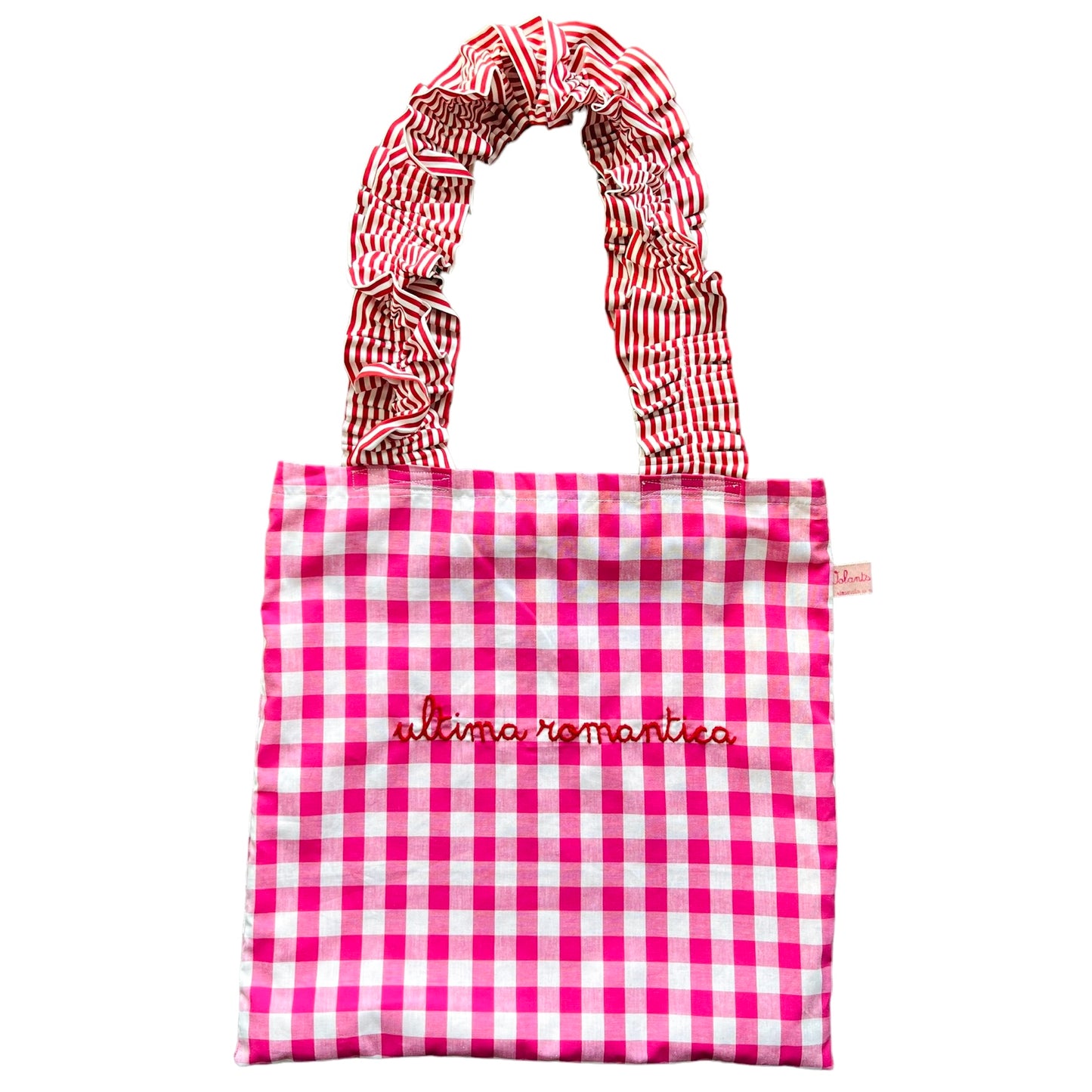 shopping bag "ultima romantica" vichy fucsia ricamata a mano con manici volants