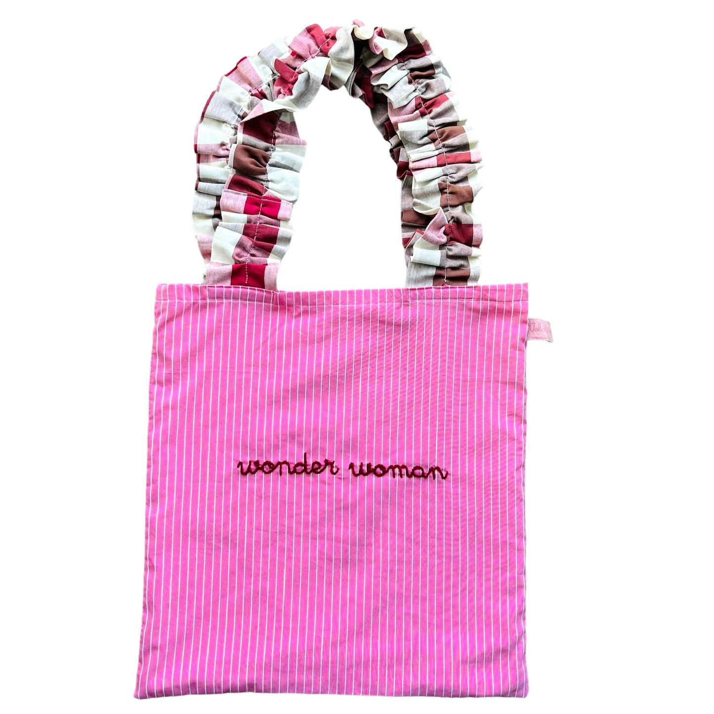 shopping bag "wonder woman" rosa peonia con righine bianche in rilievo e manici volants