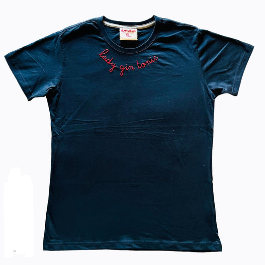 t-shirt blu navy ricamata a mano "lady gin tonic" in rosso