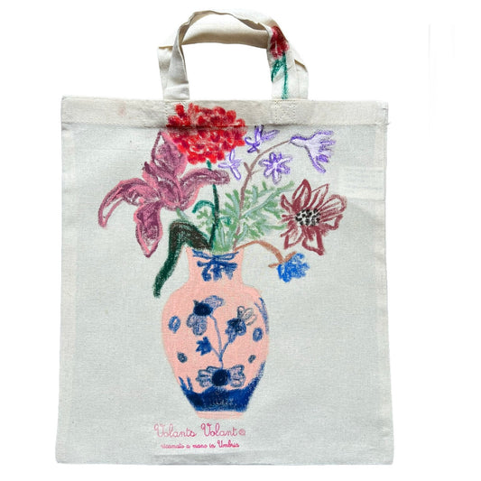 shopper VOLANTS VOLANT in tela di cotone disegnata a mano con vaso di fiori