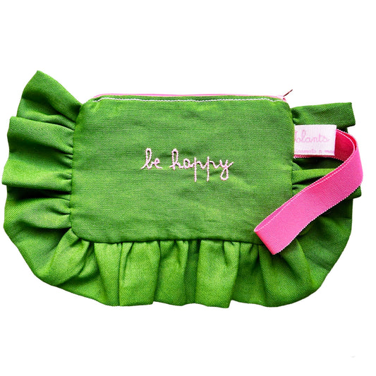 pochette mille usi in tela di cotone verde erba "be happy" ricamata a mano