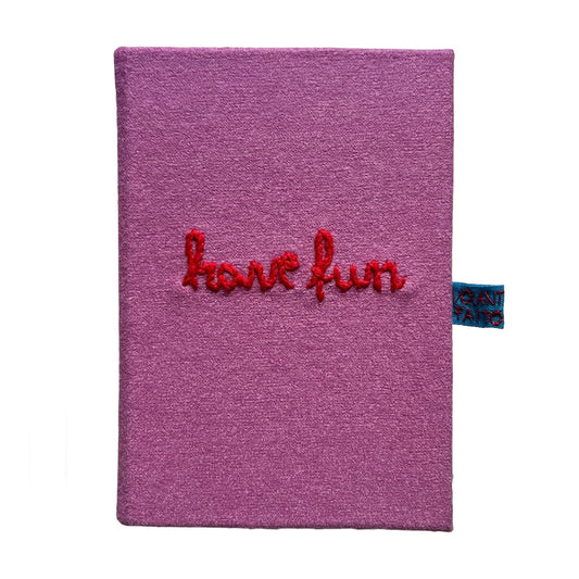 quaderno in tela rosa peonia “have fun” ricamato a mano