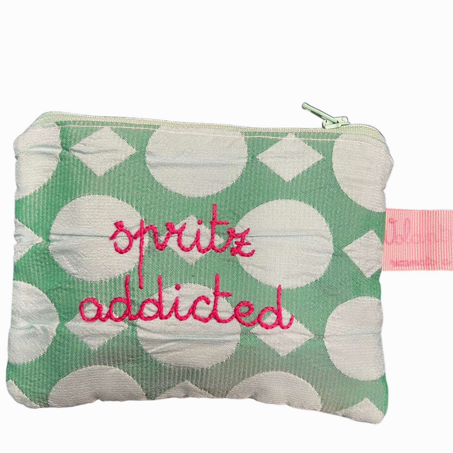 Bustina verde acqua jacquard “spritz addicted” ricamata a mano