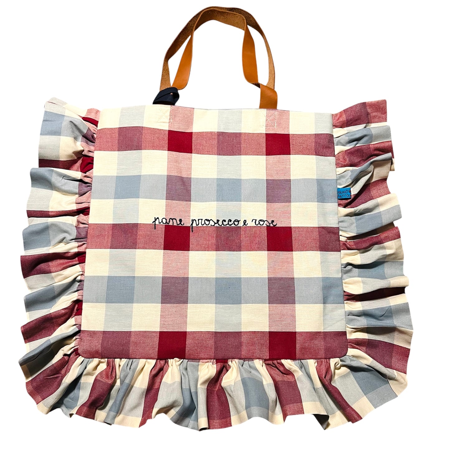 shopping bag in tela a quadri ciliegia e celeste "pane, prosecco e rose" ricamata a mano