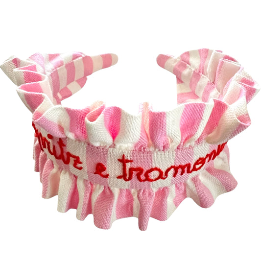 cerchietto per capelli con volants a righe rosa "spritz e tramonto" ricamato a mano
