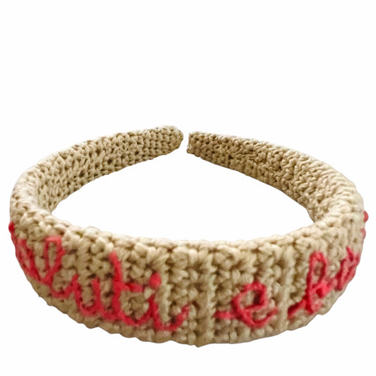 cerchietto per capelli  in crochet di cotone beige naturale "saluti e baci" ricamato a mano