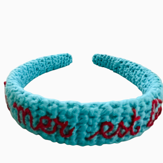 cerchietto per capelli  in crochet di cotone turchese "la mer est là"