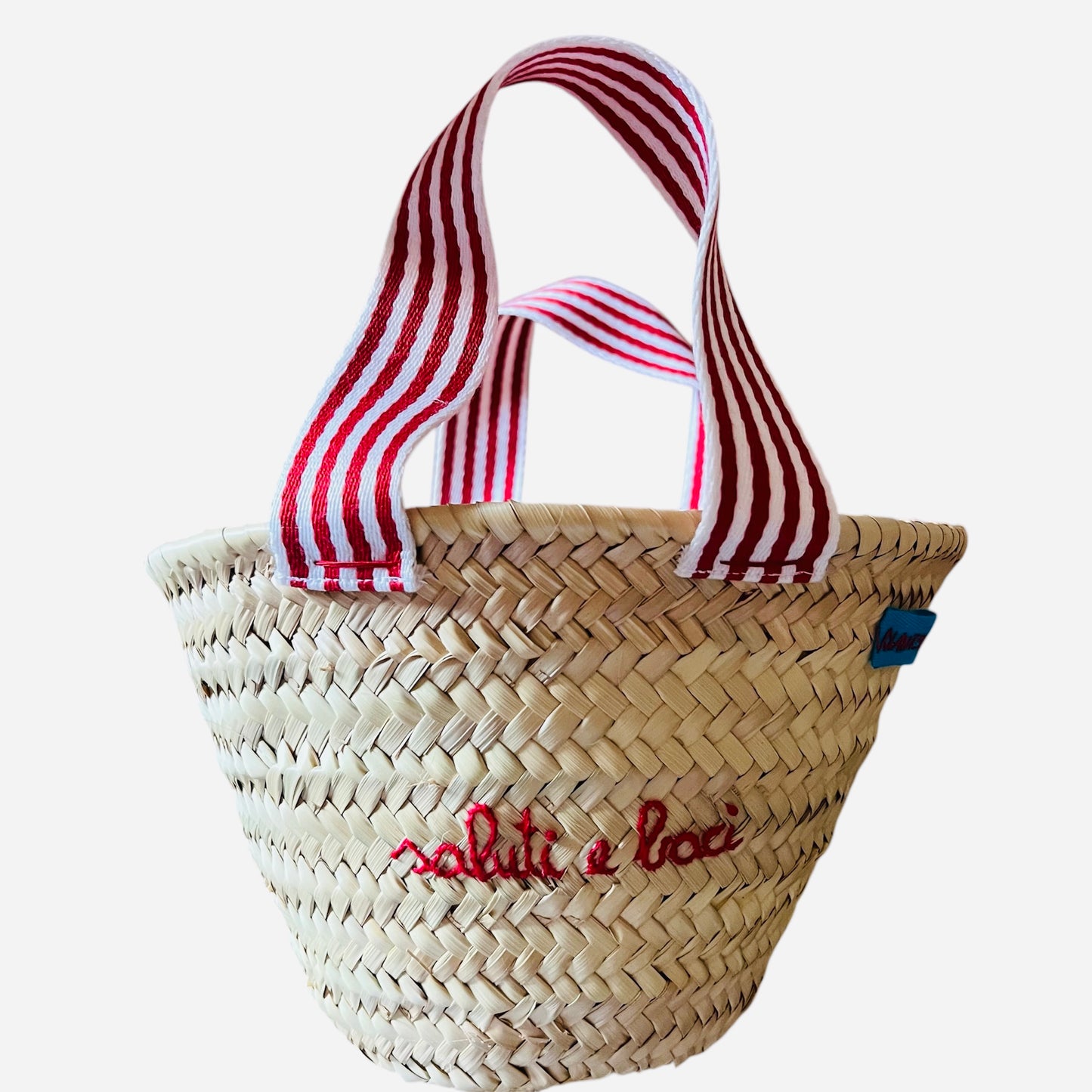 borsa a mano piccola in paglia con manici in a righe rossi "saluti e baci"ricamata a mano