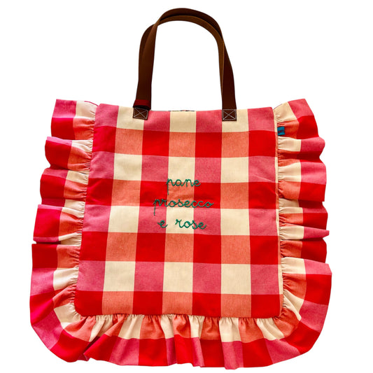 shopping bag maxi quadri rosa acceso “pane prosecco e rose “ ricamata a mano