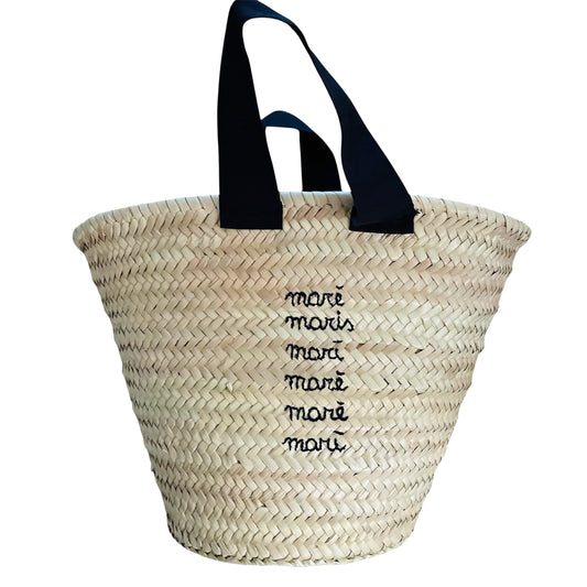 Borsa in paglia VOLANTS VOLANT con manici in gros grain blu scuro &nbsp;e ricamo a mano "mare maris..."