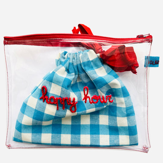 Bustina in pvc "happy hour"ricamata a mano con sacchetto estraibile in cotone vichy turchese