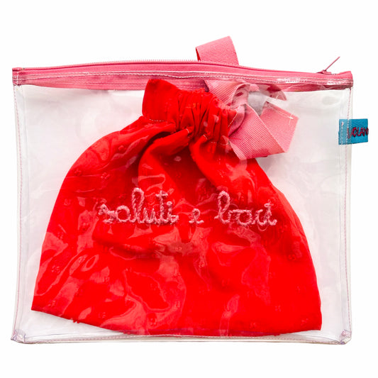 Bustina in pvc "saluti e baci"ricamata a mano con sacchetto estraibile in cotone plumetis corallo