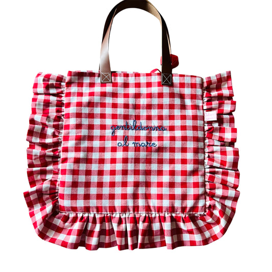 shopping bag quadretti rossi “ gentildonna al mare” ricamata a mano
