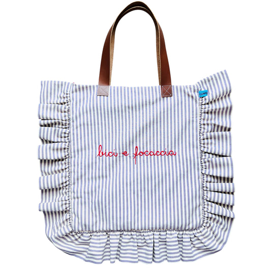 shopping bag righine lavanda “bici e focaccia” ricamata a mano