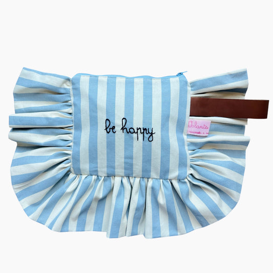 pochette a righe celeste carta da zucchero"be happy" ricamata a mano