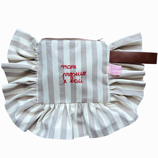 pochette a righe beige scuro "mare prosecco e baci" ricamata a mano