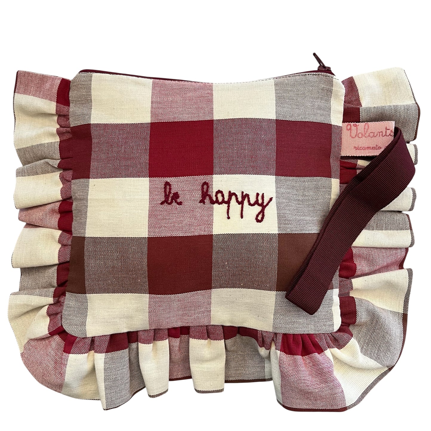 New! Madame-milleusi in tessuto a maxi quadri cioccolato e bordeaux "be happy" ricamata a mano