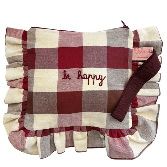 New! Madame-milleusi in tessuto a maxi quadri cioccolato e bordeaux "be happy" ricamata a mano