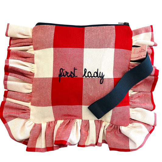 New! Madame-milleusi in tessuto a quadri maxi rossi "first lady" ricamata a mano