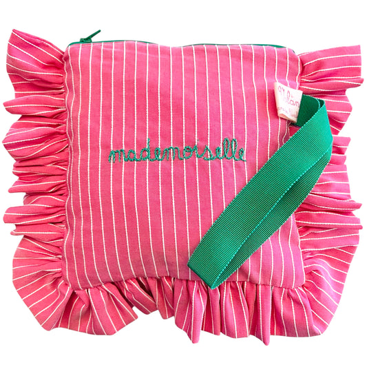 New! Madame-milleusi in tessuto rosa a righe in rilievo panna "mademoiselle" ricamata a mano