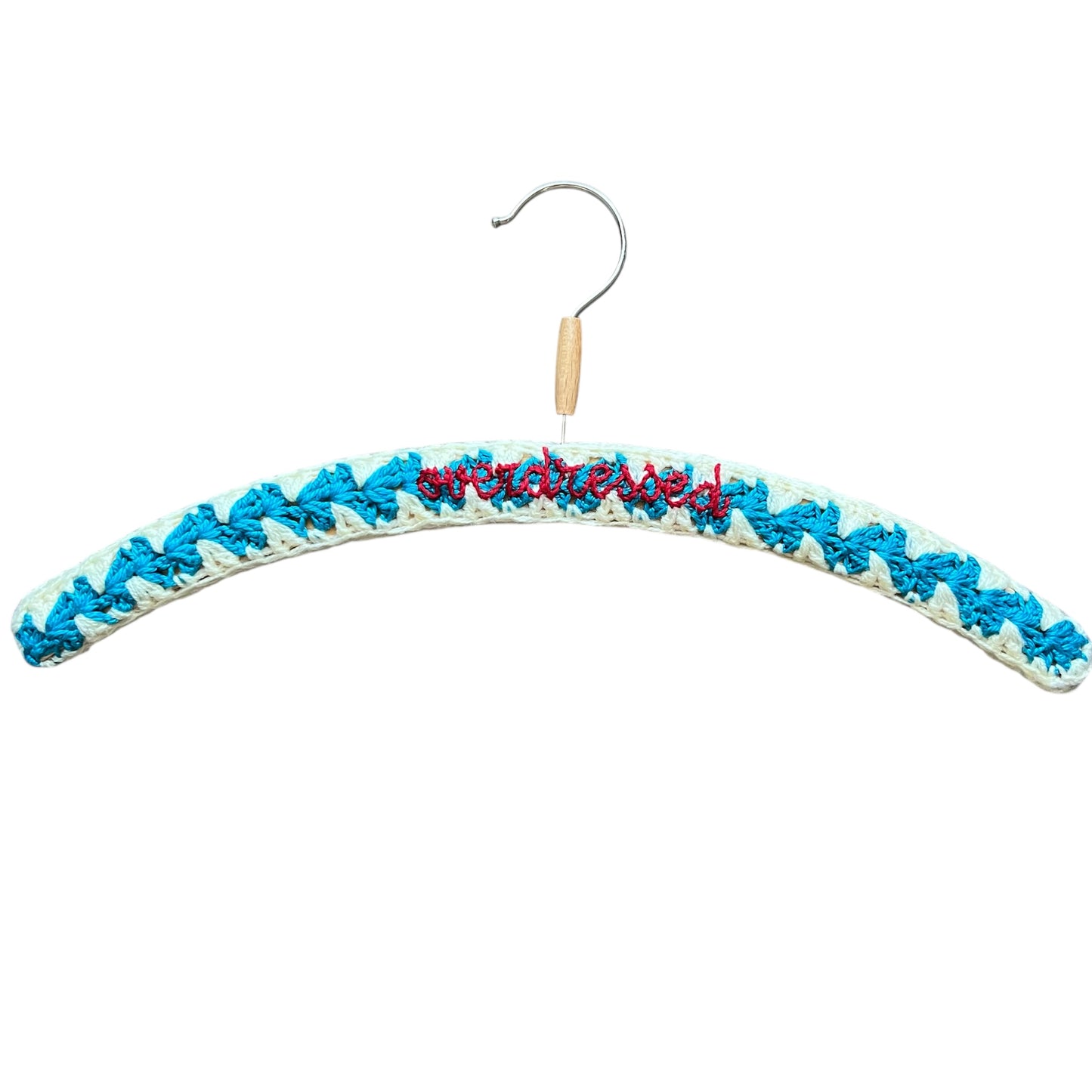 gruccia crochet turchese scuro e panna realizzata e ricamata a mano "overdressed"