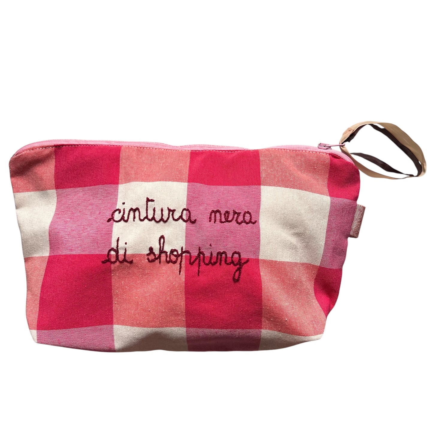 Pochette a barchetta in tela a quadri fucsia "cintura nera di shopping “ ricamata a mano
