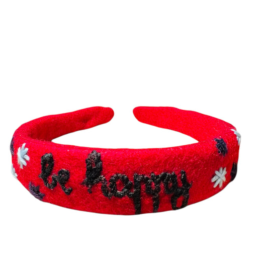 cerchietto per capelli in panno rosso "be happy" ricamato a mano con stelline ai lati