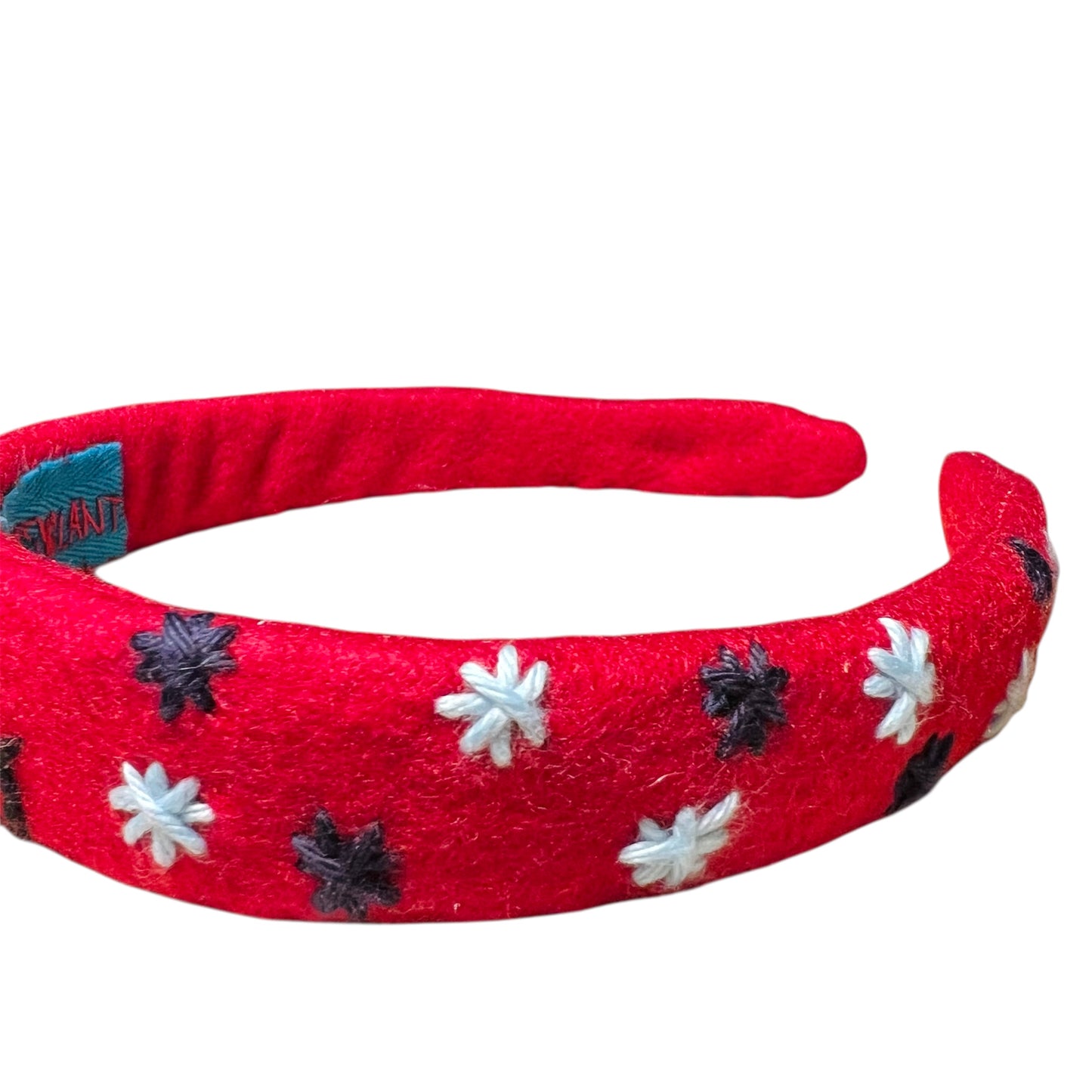 cerchietto per capelli in panno rosso "be happy" ricamato a mano con stelline ai lati