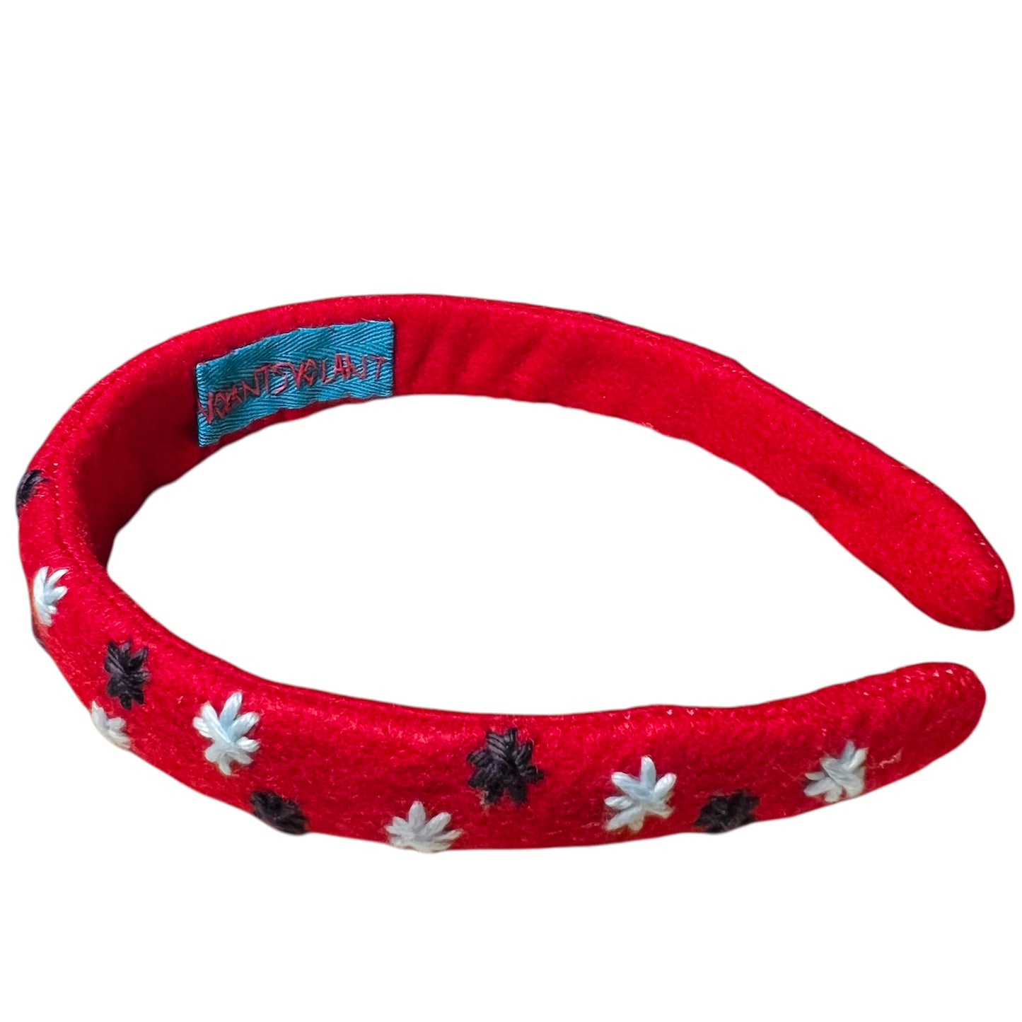 cerchietto per capelli in panno rosso "be happy" ricamato a mano con stelline ai lati