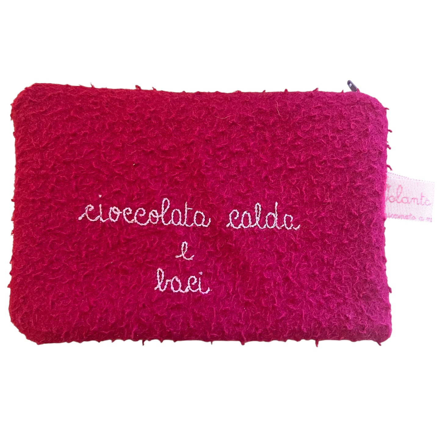 bustina in panno di lana casentino fucsia "cioccolata calda e baci" ricamata a mano