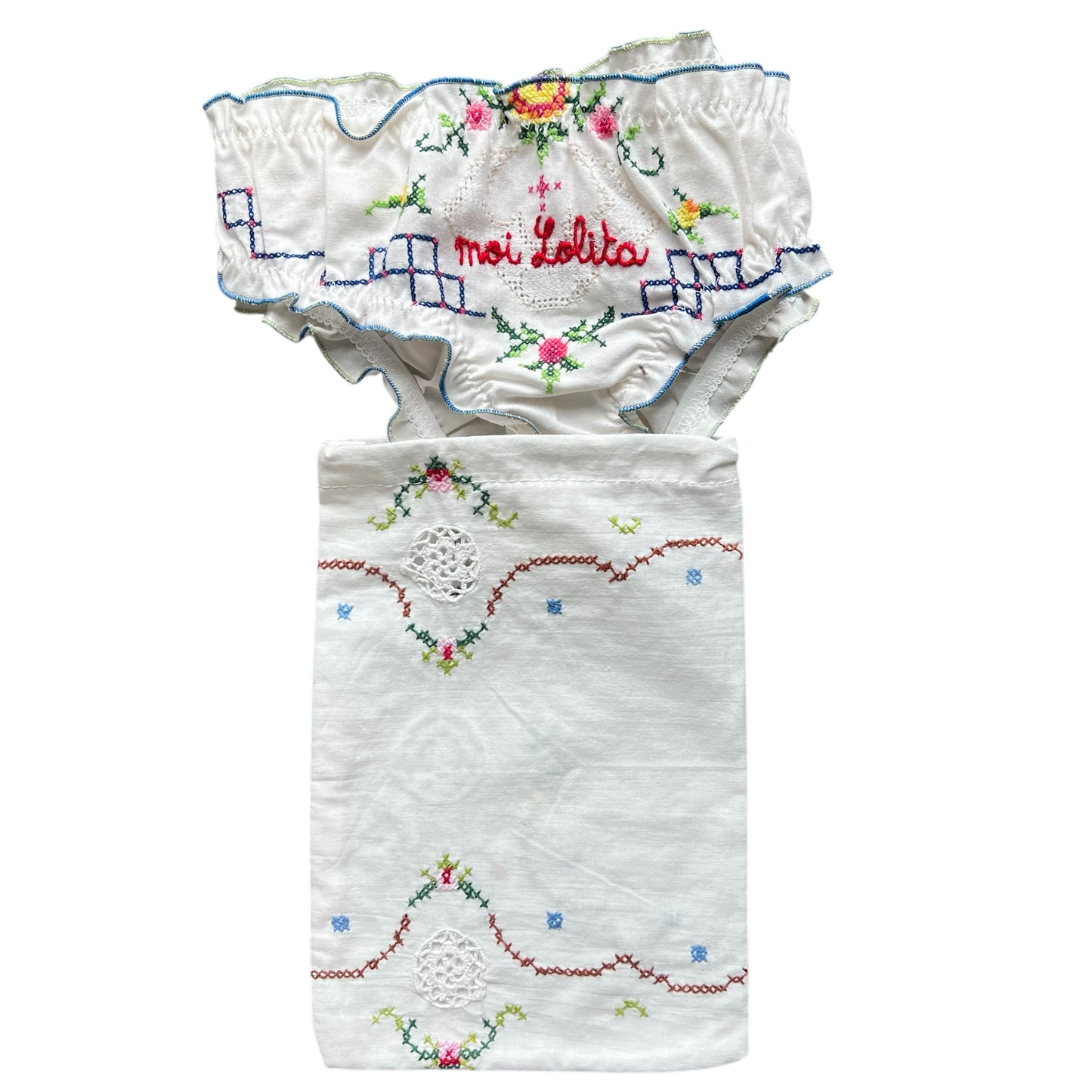 slip frou frou in puro cotone vintage ricamato "moi Lolita" ricamato a mano