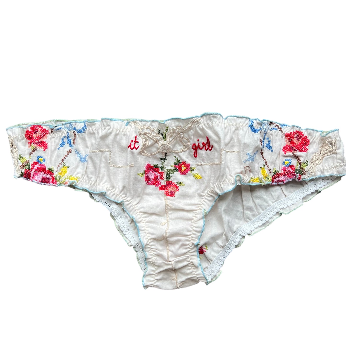 slip frou frou in puro cotone vintage ricamato "it girl" ricamato a mano