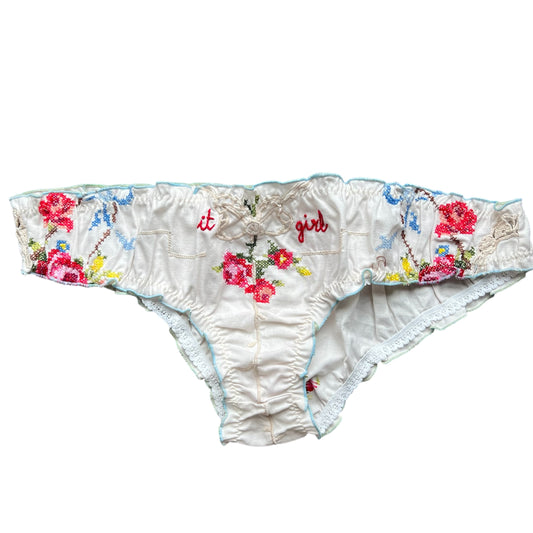 slip frou frou in puro cotone vintage ricamato "it girl" ricamato a mano