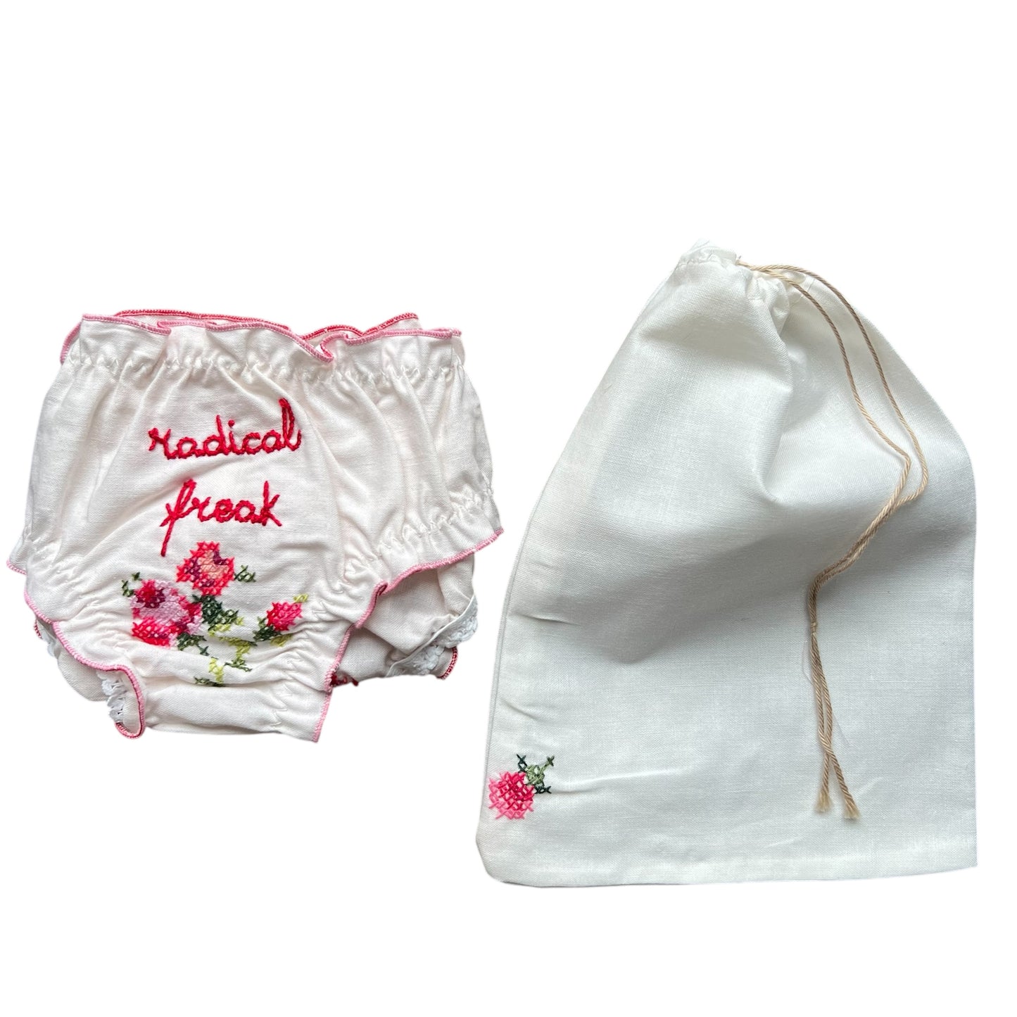slip frou frou in puro cotone vintage ricamato "radical freak" ricamato a mano