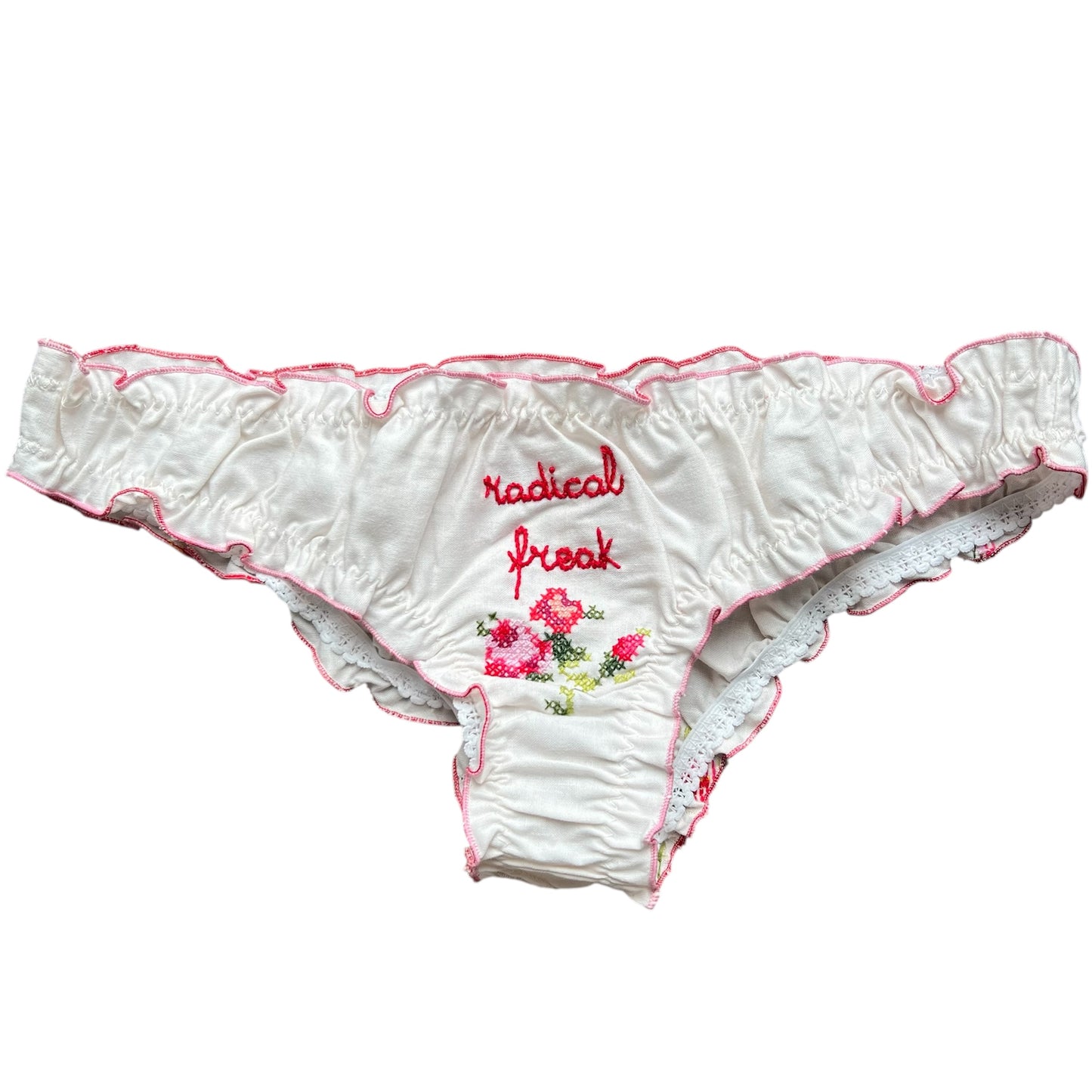 slip frou frou in puro cotone vintage ricamato "radical freak" ricamato a mano