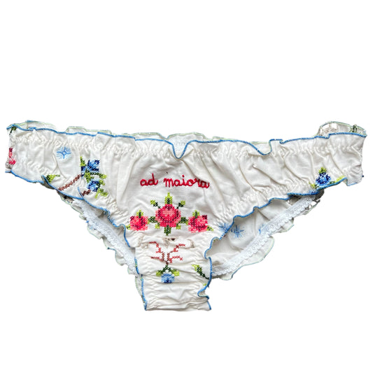 slip frou frou in puro cotone vintage ricamato "ad maiora" ricamato a mano