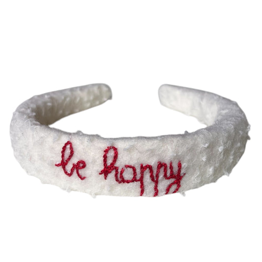 cerchietto in panno casentino panna “be happy” ricamato a mano