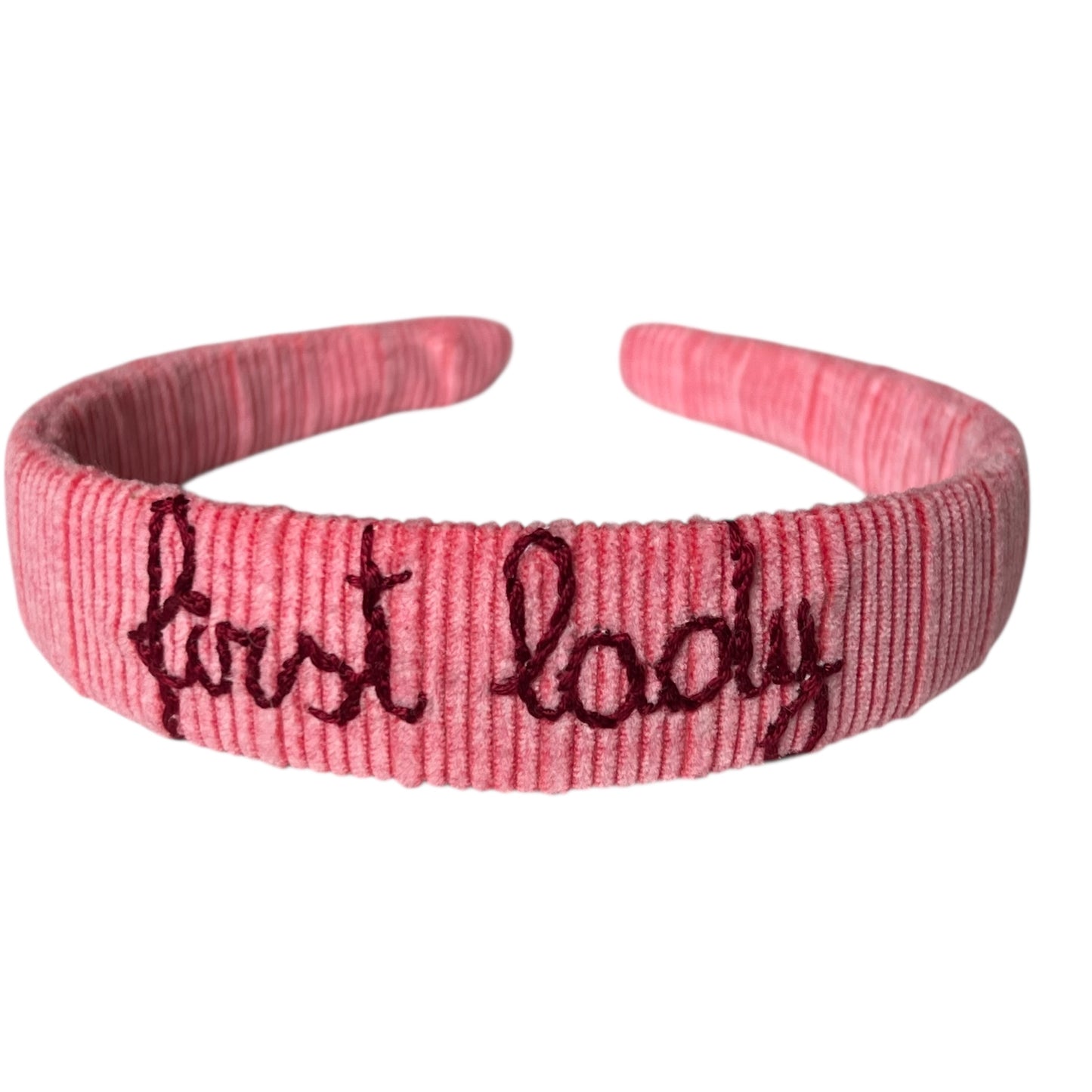 cerchietto per capelli in velluto rosa a righine “first lady” ricamato a mano