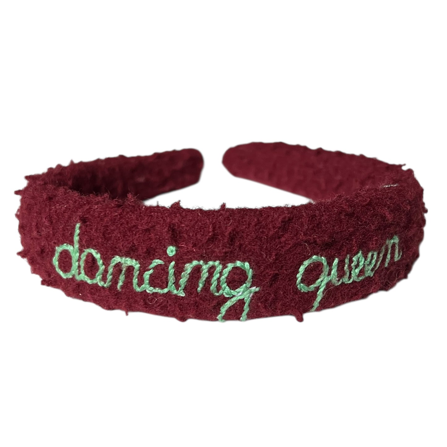 cerchietto per capelli in panno casentino bordeaux “dancing queen” ricamato a mano