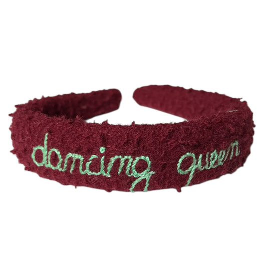 cerchietto per capelli in panno casentino bordeaux “dancing queen” ricamato a mano