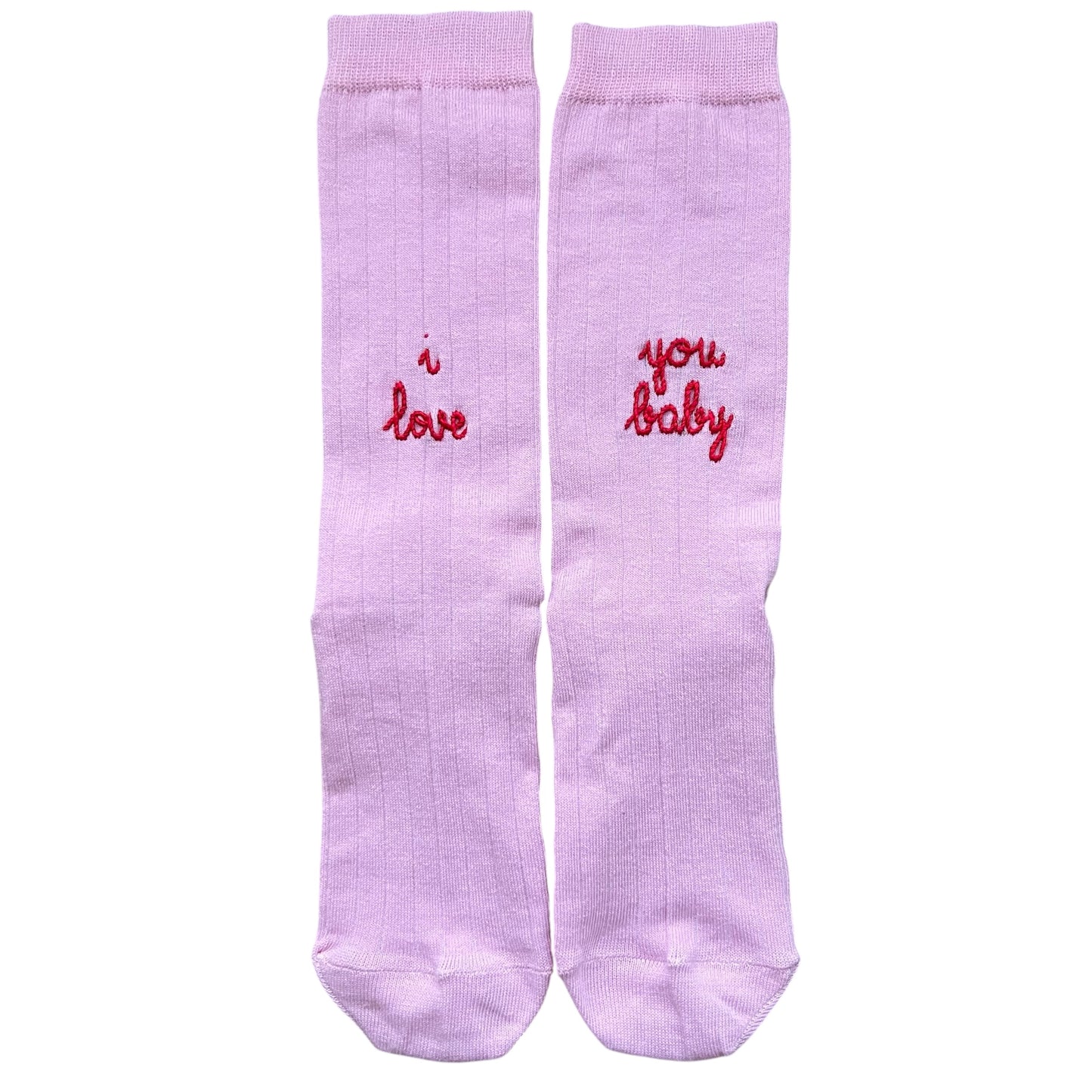 Calzini rosa peonia “I love you baby” ricamato a mano