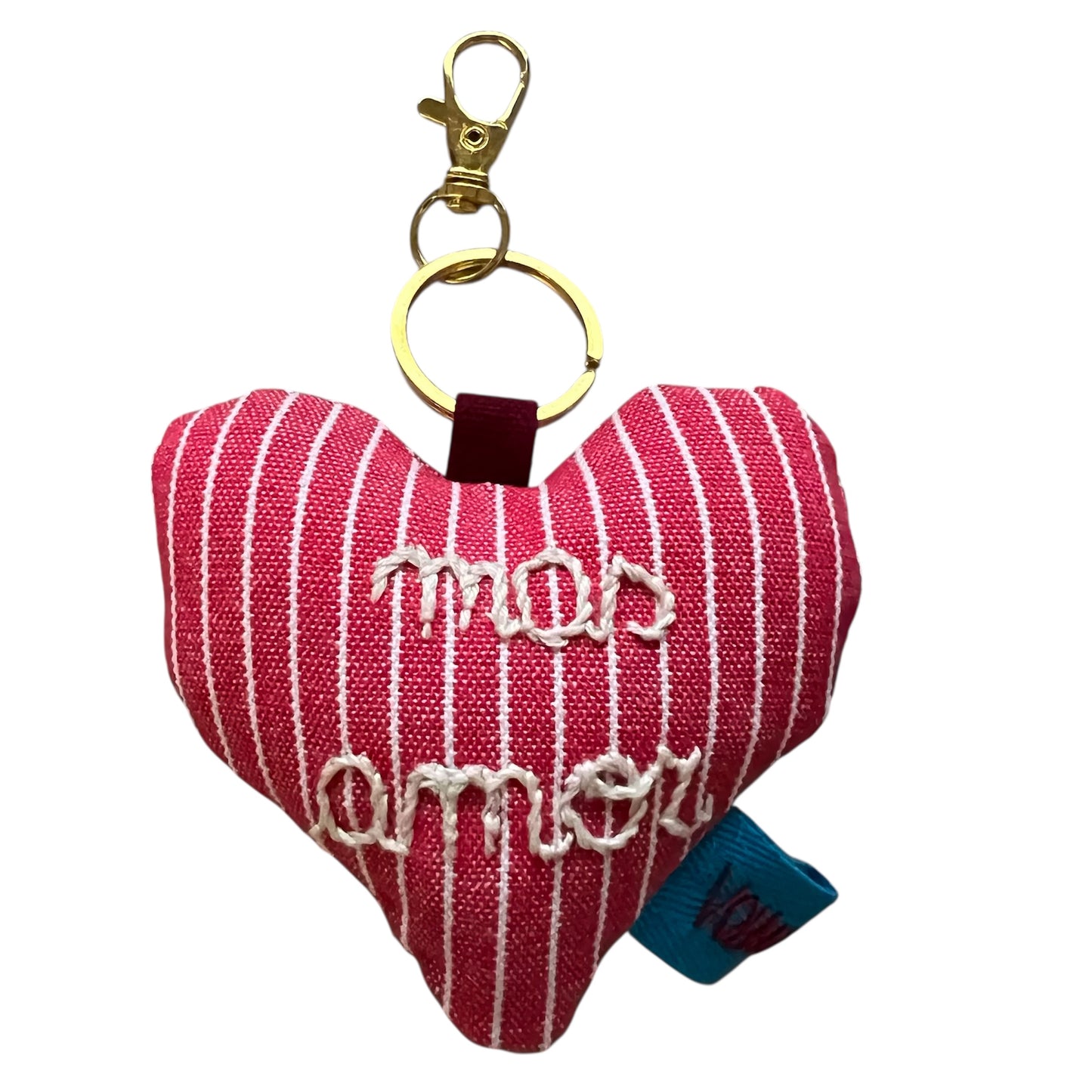 portachiavi morbido a cuore in tela rosso a righine "mas amor" ricamato a mano