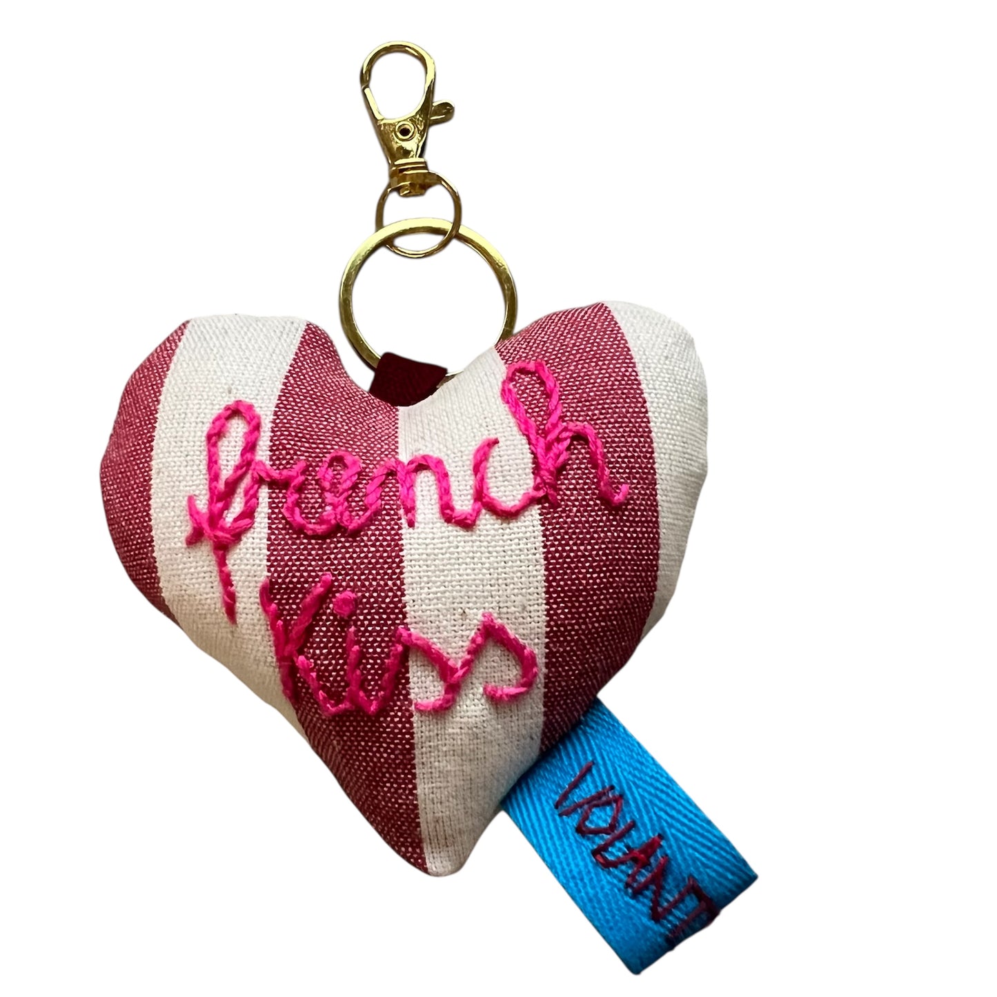 portachiavi morbido a cuore in tela a righe "french kiss" ricamato a mano