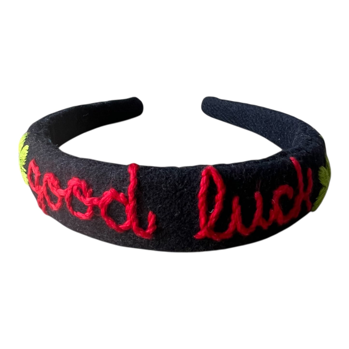 cerchietto per capelli in panno di lana blu scuro " good luck" ricamato a mano con quadrifogli