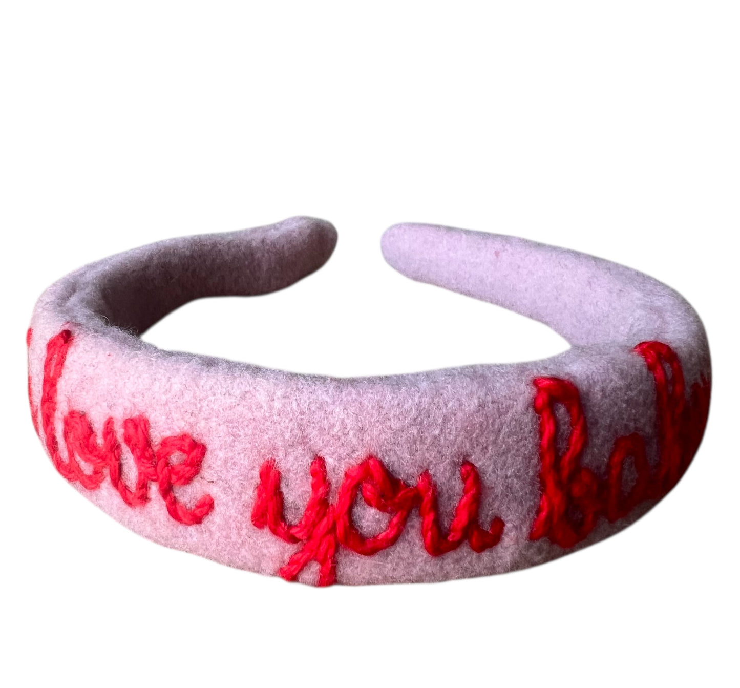 cerchietto per capelli in panno double di lana rosa "i love you baby" ricamato a mano