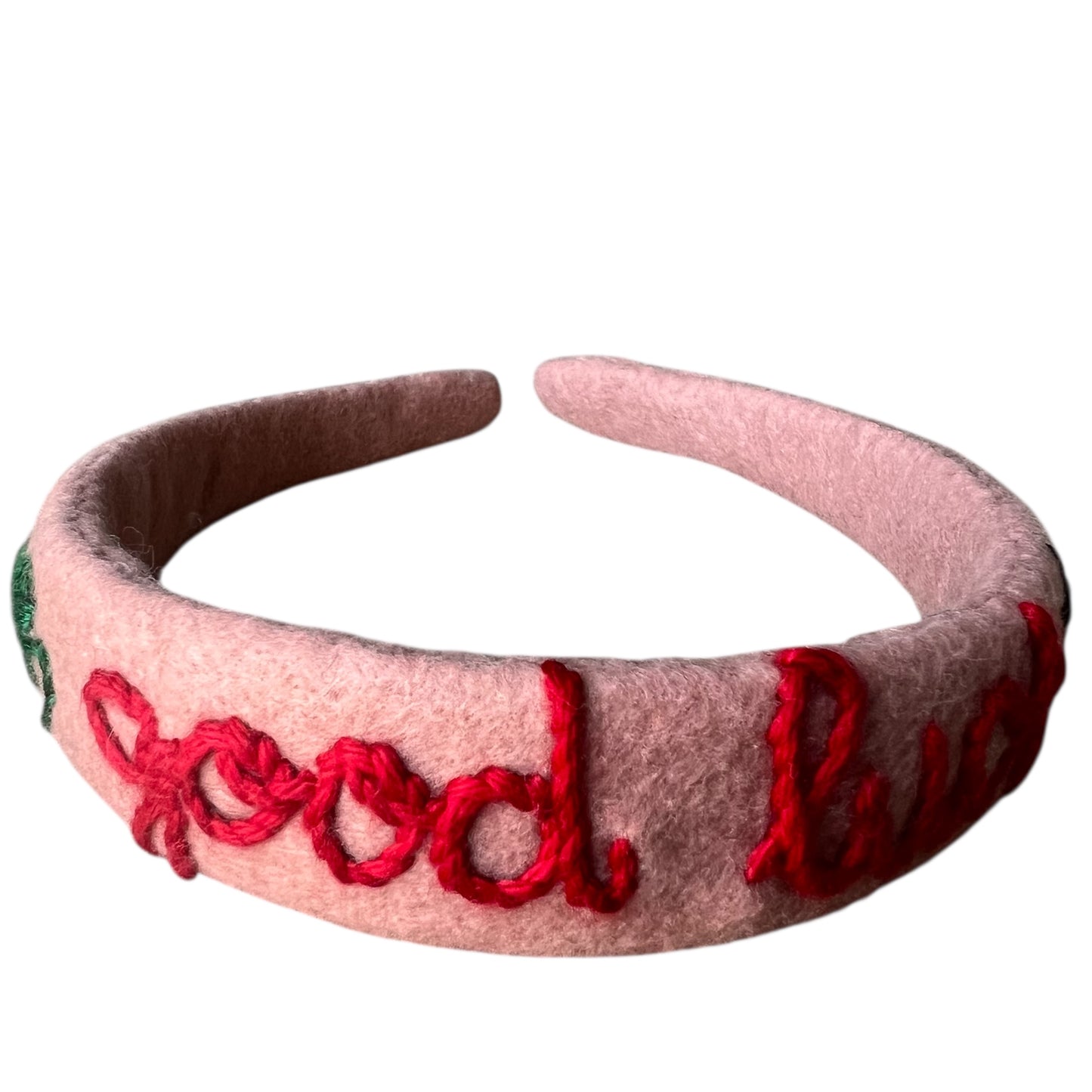 cerchietto per capelli rosa cipria "good luck" ricamato a mano con coccinella e quadrifoglio